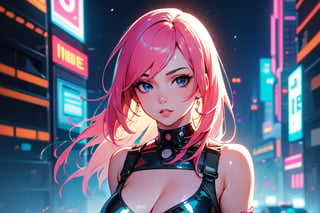 (4k), (masterpiece), (best quality), (extremely intricate), (realistic manga art anime), (sharp focus), (cinematic lighting), (extremely detailed), sci-fi theme, synth-wave, cyberpunk

1girl, waifu, looking at the viewer, pink latex dress, mini skirt, crop top, translucent, large breasts, lots of hidden details,  perfect body, beautiful face, long pink hair

Backgound, vibrant cyberpunk city