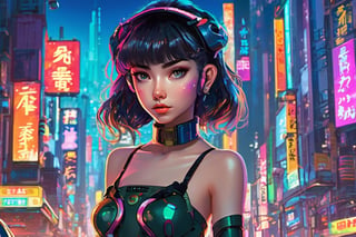 1girl, ((full-body)), ((masterpiece)), beautiful eyes, waifu girl,  sci-fi theme, tight evening dress, intricate details, lots of hidden details,  looking at the viewer, slender body, high-quality manga art style, painted by Studio Ghibli, vibrant cyberpunk city in the background,  advertising signs, synth-wave style, high-quality anime art, 