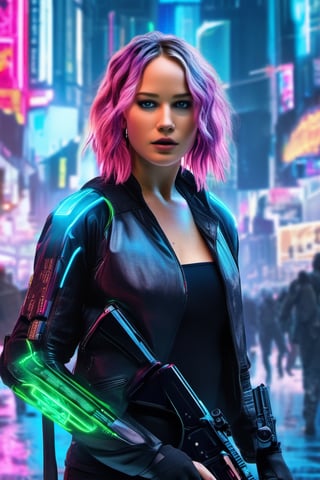 wallpaper, 8k, 800mm lens, movie, masterpiece, beautifully detailed, futuristic woman ((jennifer lawrence)), ghost in the shell, holding a gun, shooting with neon projectiles, neon colors, neon hair , long hair, neon suit, cyber punk, wallpaper, 8k, 800mm lens, cinematic, neon signs, neon futuristic city