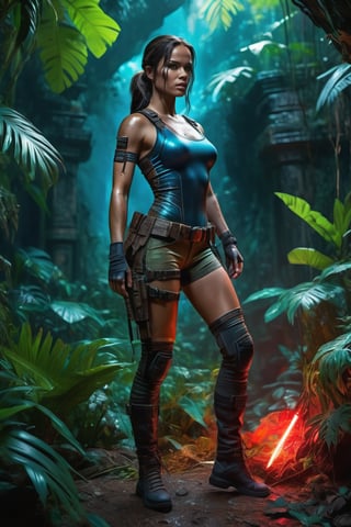 An ultra-realistic full-body depiction of Lara Croft ((Tomb Raider)), long black hair ((Black Eyes)), Latin style, posing next to ruins in the jungle, muscular build, all depicted in extreme detail, Futuristic, is illuminated by a beautiful prism and flash of neon lights, with a medium shot emphasizing his transparent cybernetic armor made of glass, luxurious in red, blue and gold, high-level body suit iridescent details and neon edges, clean colors, avoid duplicate images, her eyes glow and she is equipped with weapons. The backdrop is an ultra-detailed jungle landscape with lots of nature. Artstation HQ, 8K Ultra HD, cinematic quality and 16K resolution