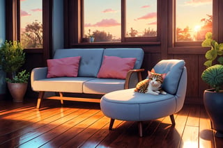 In a warm and loving house, there is a view full of charm. The cat, a small, fluffy creature with a smooth reddish brown color, lay comfortably on the soft sofa. Its small body moves up and down slowly along with its calm breathing. The Cat's natural color creates a beautiful contrast with the soft cream color of the sofa surrounded by brightly colored cushions. The soft feathers seem to create a blend of different color notes, like a living canvas. Her small head, with ears that seemed to listen to the whispering wind, lay beautifully on one of the pillows, facing towards the window. Outside the window, the world was revealed in the beauty of the rising sun. Soft golden light radiated in, illuminating the room with warmth. The young sun, with its light casting delicate shadows along the surface of the window glass, offers the promise of a new day. Sunlight plays a sparkling dance on the surface of the clean wooden floor, creating amazing light patterns.