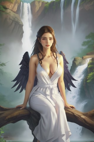 Beautiful female, large white fantasy wings, large breasts with clevage, white flowing sexy robes, seated postion, waterfall background,githyanki