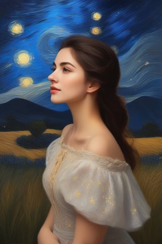 portraits made in the style of vangog, female portrait with the starry night in the background, portraits made with the technique of impressionism, impressionist portraits of high quality and high definition