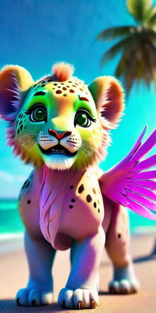 high quality 3 d render hyperrealist very cute multipastel dotted fluffy! salty turtle lion hybrid with detailed fluffy wings!!, vray smooth, in the style of fantasy, hannah yata charlie immer, dramatic green light, low angle, uhd 8 k, sharp focus , —ar 2:3, beach background