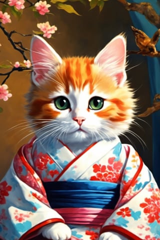 Beautiful cat painting, beautiful cat portrait, beautiful painting, kitten in a kimono, beautiful kitten in a kimono, kitten in a luxurious beautiful female kimono Kitten, sunny room background, staring at the viewer , a painting of a kitten in sunny clothes,japanese art,Colourful cat 