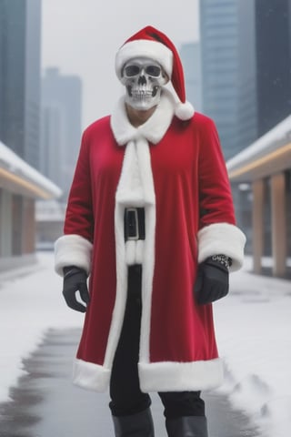 A man wearing Santa clothes and a Santa hat, skull visible, snowy cityscape, full body portrait, full body Esbian,