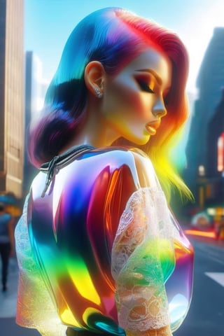 1 Female figure made of glass, 18 years old, mysterious beautiful girl, made of rainbow-colored material, head and face also made of transparent glass, wearing a T-shirt, long cargo pants, lace up boots, dynamic pause, sidewalk in a big city during daytime, upper body close-up shot,Realistic,fflixmj6,LuminescentCL