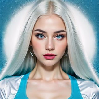 woman, beautiful face, perfect face, colorful eyes fully white hair, pale white skin, sexy marks, perfect, fully white abstract background, shiny blue accessories, blue theme, best quality, clear texture, details, canon eos 80d photo, light makeup, (very big boobs in tight shirt: 1.0)