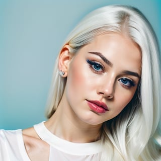 woman, beautiful face, perfect face, colorful eyes fully white hair, pale white skin, sexy marks, perfect, fully white abstract background, shiny blue accessories, blue theme, best quality, clear texture, details, canon eos 80d photo, light makeup, (very big boobs in tight shirt: 1.0)