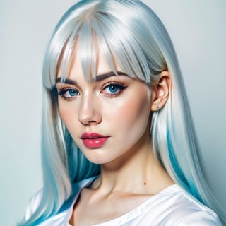 woman, beautiful face, perfect face, colorful eyes fully white hair, pale white skin, sexy marks, perfect, fully white abstract background, shiny blue accessories, blue theme, best quality, clear texture, details, canon eos 80d photo, light makeup, (very big boobs in tight shirt: 1.0)