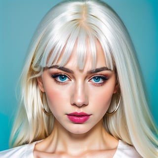 woman, beautiful face, perfect face, colorful eyes fully white hair, pale white skin, sexy marks, perfect, fully white abstract background, shiny blue accessories, blue theme, best quality, clear texture, details, canon eos 80d photo, light makeup, (very big boobs in tight shirt: 1.0)