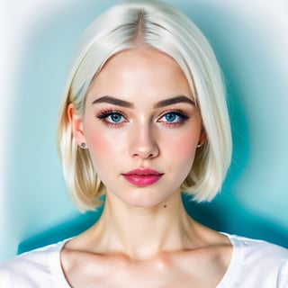 woman, beautiful face, perfect face, colorful eyes fully white hair, pale white skin, sexy marks, perfect, fully white abstract background, shiny blue accessories, blue theme, best quality, clear texture, details, canon eos 80d photo, light makeup, (very big boobs in tight shirt: 1.0)