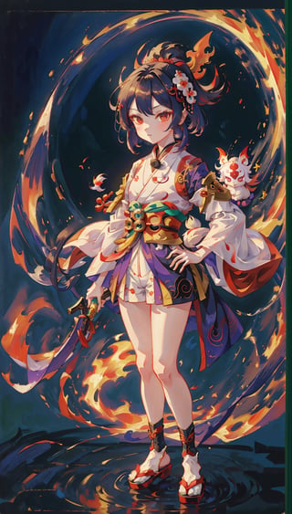 masterpiece, best quality,onmyoji, ((group of yo-kai)), Baku Yumemakura's novel , detailed, standing , windy, at night, onmyoji pose,kaede,huoshen,phgls, 1girls