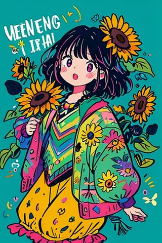 shadow flat vector art, masterpiece, 8k, highest quality, sunflowers, portrait, spring flowers, blue green and pink, music_notes, colorful, rainbow, cartoon,