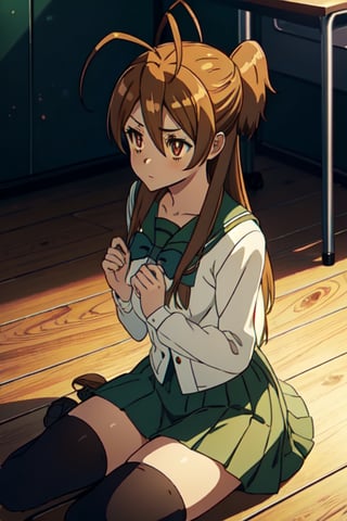 rei miyamoto, long hair, brown hair, (brown eyes: 1.5), antenna hair, long ponytail,
BREAK skirt, thigh highs, school uniform, serafuku, zettai ryouiki, green skirt, bow tie, long sleeves, black thigh highs, black bow tie,
REST inside, in the classroom,
BREAK, (masterpiece: 1.2), best quality, high resolution, Unity 8k wallpaper, (artwork: 0.8), (beautiful detailed eyes: 1.6), extremely detailed face, perfect lighting, extremely detailed CG (perfect hands, anatomy perfect),
sitting on the floor, legs open, showing her underwear