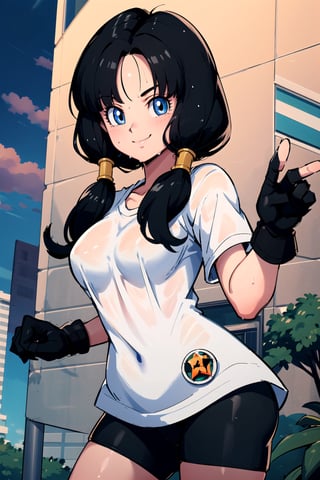 masterpiece, best quality, high resolution, videl2, solo, blue eyes, black hair, twintails, black gloves, bicycle shorts, bangs, white shirt, badge, medium breasts, cowboy shot, smile, (wet: 1 ,5)