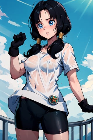 masterpiece, best quality, high resolution, videl2, solo, blue eyes, black hair, twintails, black gloves, bicycle shorts, bangs, white shirt, badge, medium breasts, cowboy shot, distressed, (wet: 1 ,5)