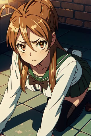 rei miyamoto, long hair, brown hair, (brown eyes: 1.5), antenna hair, long ponytail,
BREAK skirt, thigh high stockings, school uniform, serafuku, zettai ryouiki, green skirt, bow tie, long sleeves, black thigh high stockings, black bow tie, BREAK, (masterpiece: 1.2), best quality, high resolution, wallpaper Unity 8k screen, (artwork: 0.8), (beautiful detailed eyes: 1.6), extremely detailed face, perfect lighting, extremely detailed CG (perfect hands, perfect anatomy), ruins, on all fours, butt to viewer, torn clothes