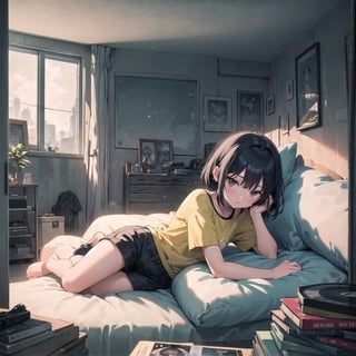 Lofi art of Rocker Girl in her bedroom lying on the bed with her guitar. guitars, rocker bedroom. 14 years old, black hair, short hair with blunt cut and emo fringe. black eyes, yellow shirt, black shorts, headphone. A magical arrow at the side of her bed, cd cases, vinyl discs, decorative items such as action figures, film and power metal posters on the wall, bed, girl room, her look remind of thunder.,LOFI,LOFI GIRL,STYLE,ghibli style,clamp