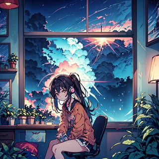 Lofi art of a Anime Girl in her bedroom looking through a medium sized window. She is 14 years old, brown hair, long hair, long_ponytail, brown eyes, dark red shirt, white shorts, headphone. sitted on a chair in front of a desk, A magical baculum at the side of the desk, cd cases, pencils, decorative items such as miniatures and plants such as cacti, there is a magical aura on the city nights, night sky beyond the window. there is some bookshelves, bed, Teenage girl room, her look remind of fire.,LOFI,LOFI GIRL,STYLE,ghibli style,clamp