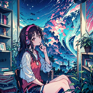 Lofi art of a Anime Girl in her bedroom looking through a medium sized window. She is 14 years old, brown hair, long hair, long_ponytail, brown eyes, dark red shirt, white shorts, headphone. sitted on a chair in front of a desk, A magical baculum at the side of the desk, cd cases, pencils, decorative items such as miniatures and plants such as cacti, there is a magical aura on the city nights, night sky beyond the window. there is some bookshelves, bed, Teenage girl room,LOFI,LOFI GIRL,STYLE,ghibli style,clamp \(circle\),midjourney,Lofi