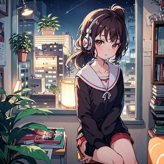 Lofi art of a Anime Girl in her bedroom looking through a medium sized window. She is 14 years old, brown hair, long hair, long_ponytail, brown eyes, dark red shirt, white shorts, headphone. sitted on a chair in front of a desk, A magical baculum at the side of the desk, cd cases, pencils, decorative items such as miniatures and plants such as cacti, there is a magical aura on the city nights, night sky beyond the window. there is some bookshelves, bed, Teenage girl room, her look remind of fire.,LOFI,LOFI GIRL,STYLE,ghibli style,clamp