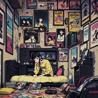 Lofi art of gothic Rocker Girl 14 years old in her bedroom lying on the bed with her guitar. black hair, short hair with blunt cut and emo fringe. black eyes, yellow shirt, black shorts, headphone. A magical arrow at the side of her bed, cd cases, vinyl discs, decorative items such as action figures, film and power metal posters on the wall, bed, girl room, her look remind of thunder.,LOFI,STYLE,ghibli style,clamp,clamp \(circle\)