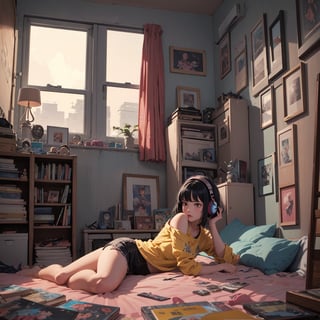 Lofi art of Rocker Girl 14 years old in her bedroom lying on the bed with her guitar. black hair, short hair with blunt cut and emo fringe. black eyes, yellow shirt, black shorts, headphone. A magical arrow at the side of her bed, cd cases, vinyl discs, decorative items such as action figures, film and power metal posters on the wall, bed, girl room, her look remind of thunder.,LOFI,STYLE,ghibli style,clamp