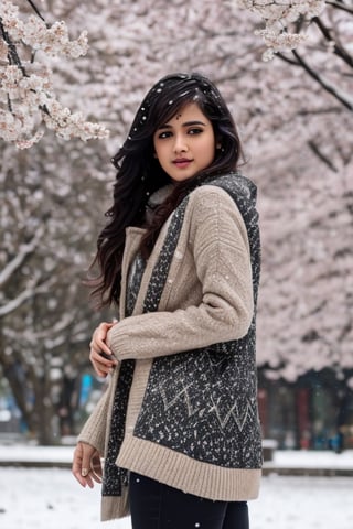 photorealistic,  masterpiece,  best quality,  raw photo, hot  Indian model Shirley setia , beautiful black hair, trendy  winter wear, looking gorgeous, model pose , snow falling on Sakura tree background, playing with snow ,  intricate detail,  detailed skin,  highres,  hdr,