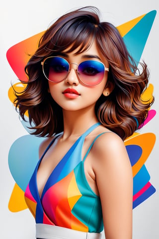 back photo with abstract illustrations for portfolio, front a beautiful girl Shirley setia with sunglasses 
