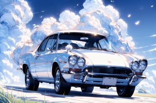 perspective view of a car, big white clouds moving in a light blue sky, very luminous, 8k, realistic, fluffy, soft,kawaiitech