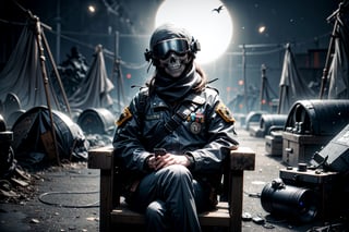 photo of a ghost from call of duty, masterpeice, highly_detailed, high_resolution, high_detailed, army base, sitting_down, taking to camera, black army outfit, skull mask, terrorist camp,scary,night vision goggles on helmet