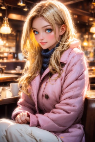 Beautiful and cute 17 year old girl with honey blonde silky hair, blue eyes, big smile, hyperdetailed photography, soft light, wearing winter wear, wearing pink colour winter coat, sitting in a cafe