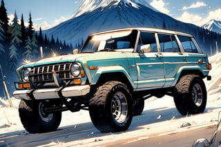 Badass Modification of Jeep Wagoneer, lifted, big wheelnand tyres, Mountain background