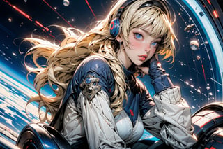 1girl, solo, breasts, looking at viewer, bangs, blue eyes, blonde hair, long sleeves, sitting, parted lips, medium hair, headphones, helmet, headset, space, planet, earth \(planet\), cockpit,Anigame 