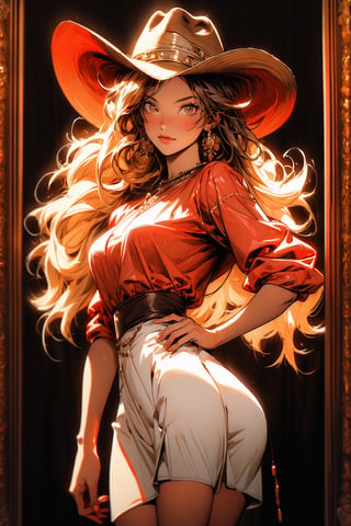 masterpiece, (cowboy girl in Red Dead Revolver), cowboy hat, best quality, oil painting style, golden frame