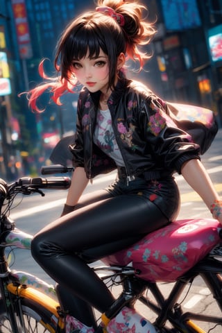 Lovely cute young attractive indian  girl, 35 years old, cute long black_hair,  black  hair,  They are wearing a  pink , patterned Jen's jacket and black jeans, varsity jacket , white shoes. Riding bike ,ayaka_genshin,raidenshogundef,1 girl,leona,nijistyle