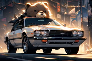 perspective view of a car, a antropomorphic bear wearing a leather jacket