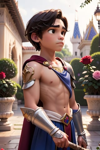 Cinematic film still, close-up, 18-year-old Hispanic twink, holding a (ceremonial spear:1.0) upright with determination, (shirtless:1.0) with a (royal knight's cape:1.0) and (ornate silver arm bracers:1.0), in a (grand palace courtyard:1.0) with (marble sculptures:1.0) and (blooming rose bushes:1.0), photorealistic, epic, gorgeous, moody, vignette, bokeh, shallow depth of field, highly detailed,disney pixar style