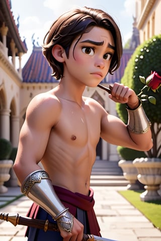 Cinematic film still, close-up, 18-year-old Hispanic twink, holding a (ceremonial spear:1.0) upright with determination, (shirtless:1.0) with a (royal knight's cape:1.0) and (ornate silver arm bracers:1.0), in a (grand palace courtyard:1.0) with (marble sculptures:1.0) and (blooming rose bushes:1.0), photorealistic, epic, gorgeous, moody, vignette, bokeh, shallow depth of field, highly detailed,disney pixar style