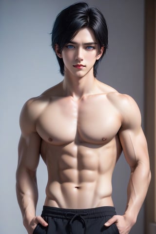 Full body, beautiful boy with black hair, short hair, blue eyes, black pants, sexy look, shirtless, abs, pectorals, with scars on his body, with a scar on his eye, 20 years old, blue eyes, masculine features, friendly look, warm expression, scars, long hair, more detail XL
