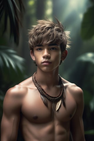 Long shot, hyperdetailed photography of a shirtless Jungle twink, Intricate Details, fur and feather cloth, strong thighs, Perfect Composition, High Contrast, Clouds, Atmospheric, Moody, Raw photo, realistic, cinematic lighting, soft shadows, sharp focus, fractal, colorful, depth of field, best quality, 16k resolution,more detail XL