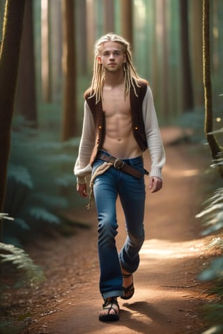 (Full body), 1boy, 18yo, blonde dreadlocks, blue eyes, skinny no muscles, bell bottom jeans, ((no shirt)), open long knitted vest, (exposed chest), sandals, walking in a forest, photorealistic, romantic lighting, kodachrome, bokeh, deep depth of field, wide angle, overhead shot, more detail XL:0.5,