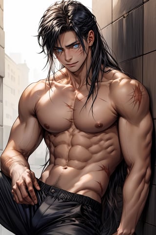 maturemalemix1_4beautiful boy with black hair, short hair, blue eyes, black pants, sexy look, shirtless, abs, pectorals, with scars on his body, with a scar on his eye, 20 years old, blue eyes, masculine features, friendly look , warm expression, scars,long hair