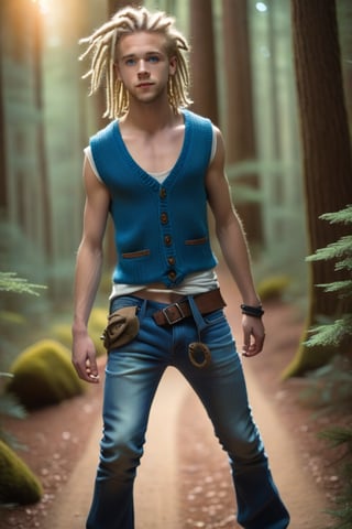 (Full body), 1boy, 18yo, blonde dreadlocks, blue eyes, skinny no muscles, bell bottom jeans, bulge, ((no shirt)), open long knitted vest, (exposed chest), sandals, walking in a forest, photorealistic, romantic lighting, kodachrome, bokeh, deep depth of field, wide angle, overhead shot, more detail XL:0.5, 
