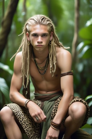 Wild teenage ((male)) kneeling on a tree branch in a jungle, long blond dreadlocked hair, leopard print sarong wrapped around his waist,