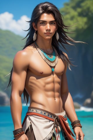 (((full body))), beautiful 16yo native male, flirtatious, shirtless, detailed hair, detailed eyes,more detail XL