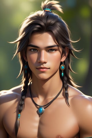 beautiful 16yo native male, flirtatious, (((full body))), shirtless, detailed hair, detailed eyes,more detail XL