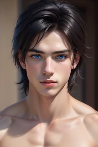 beautiful boy with black hair, short hair, blue eyes, black pants, sexy look, shirtless, abs, pectorals, with scars on his body, with a scar on his eye, 20 years old, blue eyes, masculine features, friendly look , warm expression, scars, long hair,more detail XL