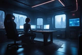 cinematic, hyper realistic,Futuristic room,FFIXBG, science cyber, Cyberpunk world,Mecha body, dystopian cyberpunkc world below a city, cvber girl sits alone in her cyber room underneath the worlds,<lora:659095807385103906:1.0>